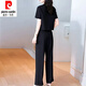 皮尔卡丹（pierre cardin）时尚套装女夏季2025新款洋气显瘦御姐圆领短袖衬衫直筒裤两件套女 12608-黑色套装 L 【建议95-110斤】