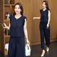 
Xin Yimei suit women's two-piece set 2025 summer new style slimming and age-reducing black ear vest wide-leg pants temperament set Navy blue XL [115-125Jin [Jin equals 0.5 kg]]