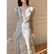 
Cotton French oblique cut design lotus leaf collar dress for women 2025 summer new style slim waist long skirt purple L 105-115Jin[Jin equals 0.5 kg]