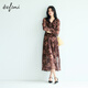 Evely looks slim and slanted silk style V-neck ruffle front slit design versatile dress 2025 autumn new style autumn dye brown M 105-115Jin [Jin equals 0.5 kg]