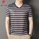 皮尔卡丹（pierre cardin）夏季男士短袖冰丝V领T恤时尚条纹抗皱亲肤百搭中年圆领半袖 6197V领杏灰 M 165 【建议95-115斤】