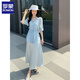 罗蒙绸缎连衣裙两件套女欧洲站2025春夏新款遮肚显瘦天丝收腰衬衫吊带 冰川蓝 套装 M 建议80-110斤