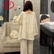 
LangSha suspender pajamas women's spring and autumn nightgown three-piece suit long-sleeved sexy cotton sweet bathrobe summer home clothes LE-9928 M