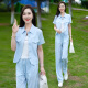忻依美时尚套装女2025夏季新款洋气宽松显瘦短袖开衫上衣阔腿裤两件套 浅绿色套装+背心【三件套】 XL 【110-120斤】