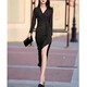 
FHHUABD9926 Da Aimei Yiyuan 2025 Spring New Dress V-neck Slim Hip Slit Slit Skirt Mid-length Women's Skirt Black Dress M