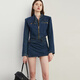 DPLAY2025 autumn retro commuter dark denim blue round neck washed fabric long-sleeved denim short suit dark denim blue S