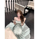 YIOU Gala Annual Meeting Slim Fit Super Fairy Crystal Diamond Chain Large Swing Strap Long Dress 8345 Green M