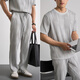 
Henhut International luxury high-end brand men's summer men's short-sleeved T-shirt loose straight trousers casual sports suit light gray light gray L