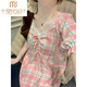 
Modal pink plaid pajamas for women in summer with chest pads sexy cute lace short-sleeved princess style nightgown 2025 home clothes 16864 pink flower green leaves fixed chest pad M 160