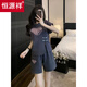 Hengyuanxiang new Chinese suit for women 2025 summer new style button Chinese style casual sportswear printed shorts shorts two-piece set dark gray S