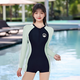 Long-sleeved one-piece flat-angle women's swimsuit conservative slim fit color blocking flesh to make you look slimming sports and leisure swimming pool essentials Green XL [Suggested 105-120Jin [Jin equals 0.5 kg]]