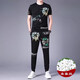 JEEP SPIRIT casual suit men's summer short-sleeved mulberry silkworm ice silk handsome match with Korean style fashion print trend 9227 black 3XL 185