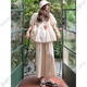 GUYN Maternal Women Summer Suit Two-Piece Cotton Hollow Shirt Top Summer Thin Fashionable and Casual Lazy Style Apricot Top + Khaki Wide Leg Pants M