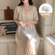 Camisón de manga corta con algodón de algodón de algodón de algodón de color sólido para mujeres en verano estilo dulce princesa suelto y se puede usar fuera de ropa casera y671# albaricoque xl