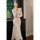 GJFD Sandalwood Snow French long-sleeved dress engagement light luxury fishtail elegant dress skirt Sandalwood Snow S