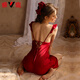 Yalu Pajamas sexy de alta gama para mujeres Pure Desire Pure Silk Primavera y Autumn Start Nightgown Summer Nightgown Feeling New Summer Style 6629 Single Skirt Rose Red XL