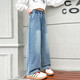 Hölzerne Holzhaus Mädchen Hosen Kinder Casual Hosen Jeans Spring- und Herbstkleidung mittelgroß und große Kinder lose geradlinige Weitbeinhosen Blau 130
