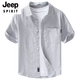 JEEP SPIRIT男士纯棉短袖衬衫日系休闲夏季薄款条纹衬衣新款潮流拼接上衣 9740浅蓝色 L