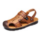 Dragonfly brand top layer cowhide bag sandals men's new leather summer beach shoes soft sole beef tendon bottom dad sandals two wear 9902 yellow-brown 41