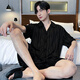 
Catman MiiOW pajamas men summer ice silk short sleeve thin summer black simulated silk summer style can be worn outside home clothing suit [ice silk] S1381 men L