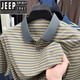 JEEP SPIRIT新款夏季冰丝短袖t恤男士撞色条纹休闲翻领POLO.衫凉感上衣爸爸装 蓝色 GR-9207【冰丝凉感】 M 48 (适合95-115斤)
