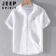JEEP SPIRIT男士亚麻翻领短袖t恤宽松衬衫领上衣服有带领T棉麻料体恤麻布夏装 yunyi-9711蓝色 3XL