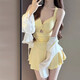 Bai Qixin swimsuit women's one-piece conservative belly-covering slimming long-sleeved sun protection blouse skirt style vacation beach hot spring 2025 Xia Xin yellow blouse two-piece set one size (recommended 70-120 Jin Jin is equal to 0.5 kg)