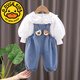 G.DUCKKIDS girls spring denim overalls suit 2024 new style baby clothes 1 to 3 years old baby girl trousers XP denim overalls cover puff sleeve blue 80 recommended age 1-2 years old