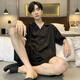 
Catman MiiOW pajamas men summer ice silk short sleeve thin summer black simulated silk summer style can be worn outside home clothing suit [ice silk] S1381 men L