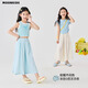 Moonkids Ropa para niños Pantalones de seda de hielo de hielo 2025 Summer NUEVO Estilo Niñas para niños Legalización ancha de nueve puntos Pantalones repelentes de repelente Pantalones casuales frescos 19122 Vestible azul + 15268 Pantalones de patas ancho azules 140 cm