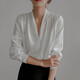 2025 Women's White V-neck Satin Shirt Workplace Commuter Interior Suit High-end Top Professional Outfit White Shirt 675 White [V-neck] M Recommended [95-110Jin[Jin equals 0.5 kg]]