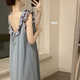 
Shantou Lincun Korean style ins style sexy backless cotton soft nightgown for women in summer sleeveless ruffled loose pajamas summer home clothes 6187 denim blue vest + shorts M 160
