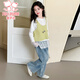 
Fuluo Mi Girls Set Spring and Autumn Korean Sweet Lace T-shirt Knitted Vest Vest Jeans Three-piece Set Yellow 150