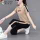 
Woodpecker Summer Sports Set Women's Short Sleeve 7-Cut Pants Casual Clothes Middle-aged Mom's Apparel Age Reducing Two-Piece Set Khaki XL