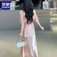 罗蒙绸缎连衣裙两件套女欧洲站2025春夏新款遮肚显瘦天丝收腰衬衫吊带 冰川蓝 套装 M 建议80-110斤