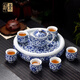 Close-up blue and white porcelain tea set Jingdezhen ceramic complete set household double-layer anti-scald tea cup living room office tea tray Panzhilian