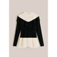 OBBLIGATO Origato spring pleated stand-up collar beaded contrast patchwork sweater black sweater L