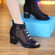 Meister Zulijian Römisch -echtes Ledersandalen für Frauen 2025 Sommer Neues Mesh Kurzstiefel modische Sandalen für mittlere Dicke Heel Hollow Fish Mundschuhe Wenzhou Huidong ist nicht müde von ihren Füßen und trägt Lochschuhe draußen - schwarze 35 Sandalen für Frauen 2025 New New New New New New neu