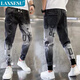 
LAXSESU jeans men's tying feet casual pants men's handsome trendy and versatile loose harem pants summer new style men's pants high elastic AT1047 blue S recommended 85-102Jin [Jin equals 0.5 kg]