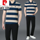 皮尔卡丹（pierre cardin）爸爸夏装男士运动服套装中老年休闲条纹纯棉短袖t恤Polo衫 军绿（短 袖+长裤）KDK9763 M (建议100-120斤)