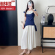 Victoria's style, salty and sweet, and beautiful summer ruffled top + skirt and pants suit, a full set of blue top + apricot skirt S