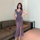 Jinggong Foot Foot Technician Work Clothes Sexy Foot Massage Foot Bath Work Clothes Soft Massage Spa Long Skirt Mesh Slit Dress 9276# Black S