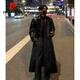 Pierre Cardin Maillard wears pu leather windbreaker men's handsome high-end double-breasted coat mid-length over-the-knee waisted coat black S