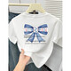 [100% pure cotton] front shoulder short-sleeved T-shirt women's 2025 new ins fashion and fashionable and versatile age-reducing top XY white gray-blue bow letter S (recommended 85Jin [Jin equals 0.5 kg])