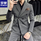 ROMON wide collar peak lapel suit business formal three-piece suit double slit wedding groom suit men's slim dark gray suit + vest + trousers two buttons L