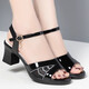 Boensa (BOENSA) fish mouth shoes genuine leather fish mouth sandals for women 2025 new summer fashion versatile thick heel mid-heel mother sandals women's shoes black 35