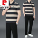 皮尔卡丹（pierre cardin）爸爸夏装男士运动服套装中老年休闲条纹纯棉短袖t恤Polo衫 军绿（短 袖+长裤）KDK9763 M (建议100-120斤)