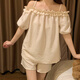 
Shantoulin Village summer pure cotton suspender pajamas for women 2024 new sexy pure and sexy style one-shoulder short-sleeved girl suit home clothes 12346 pocket kitten M