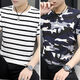 Liyunhouse 3519 Menschen sammeln Frühlings- und Sommer neue koreanische Streifenjungen kurzärmeliges T-Shirt für mittlere und junge Menschen rund Hals Caom Casual Base Two-Tiefe Striped Blue + Striped White M.