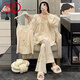 
LangSha suspender pajamas women's spring and autumn nightgown three-piece suit long-sleeved sexy cotton sweet bathrobe summer home clothes LE-9928 M